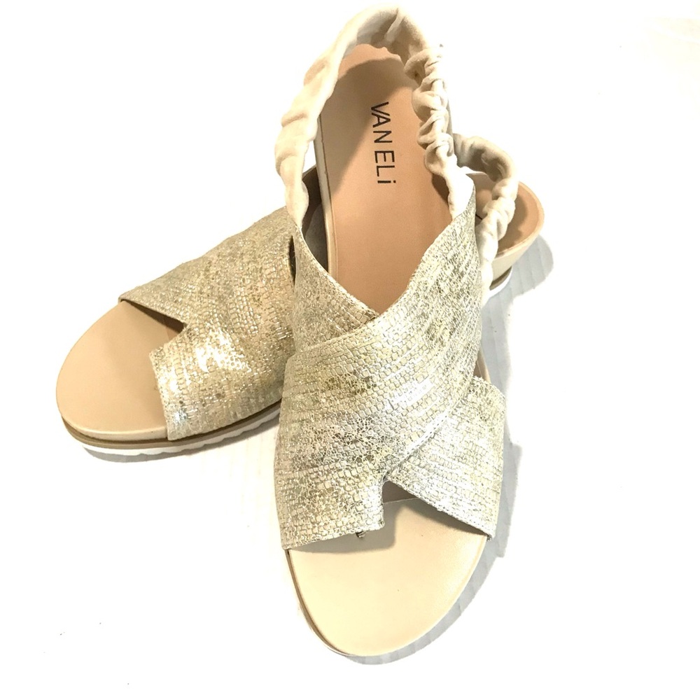 VANELI Gold Shimmer Toe Loop Reptilian Print Sling Back Sandals Woman’s Sz-9.5 N